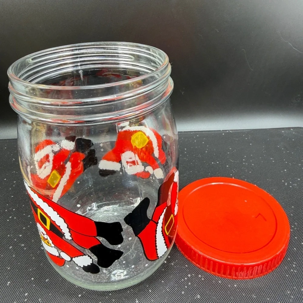 Vintage Santa Claus Glass Cookie Jar Made‎ in France Red Lid Christmas Canister